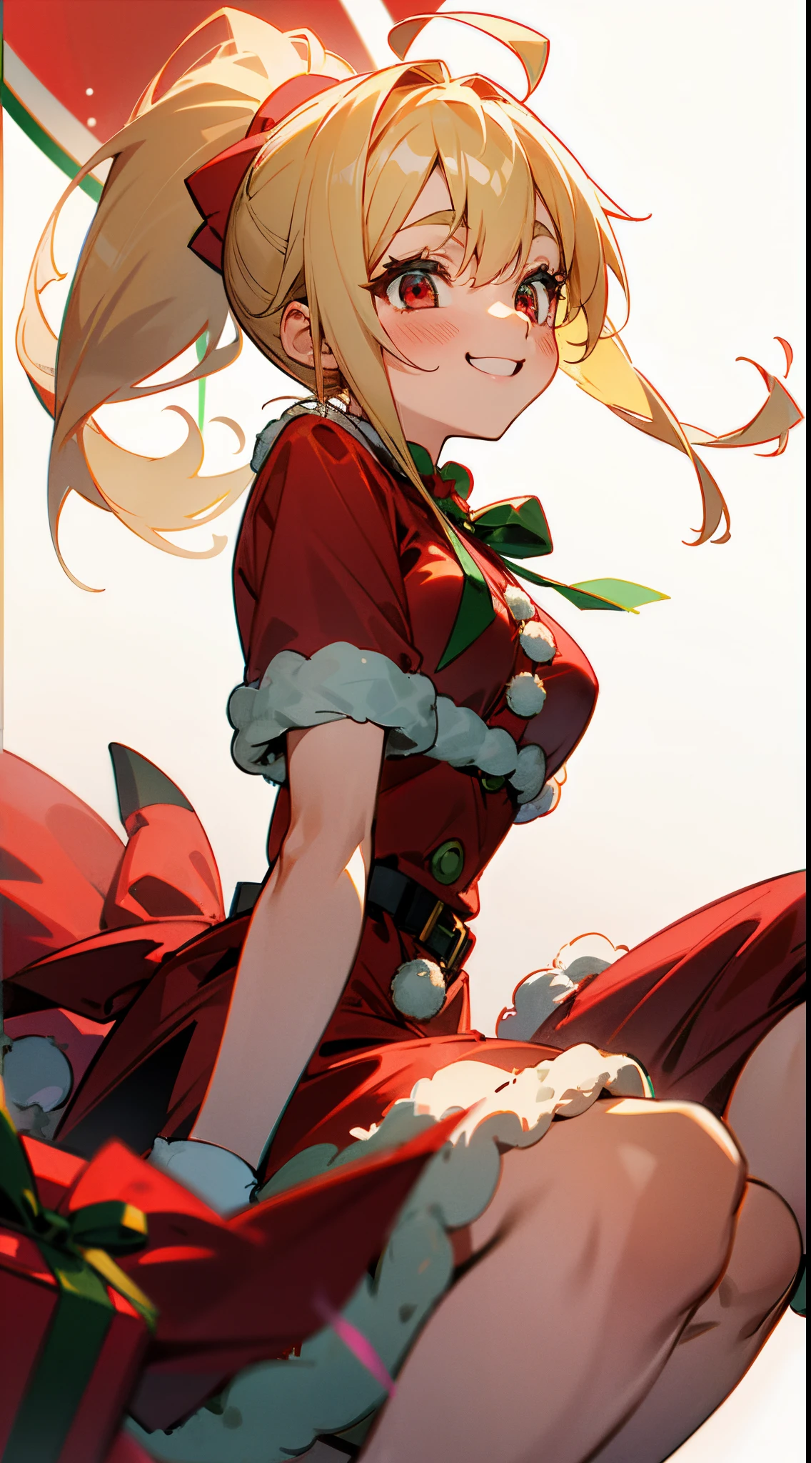 1girl in、Blonde ponytail、Ahoge、big round red eyes、small tits、A smile、Laugh、Christmas、Dressed in Santa Claus costume、Colors based on red and green