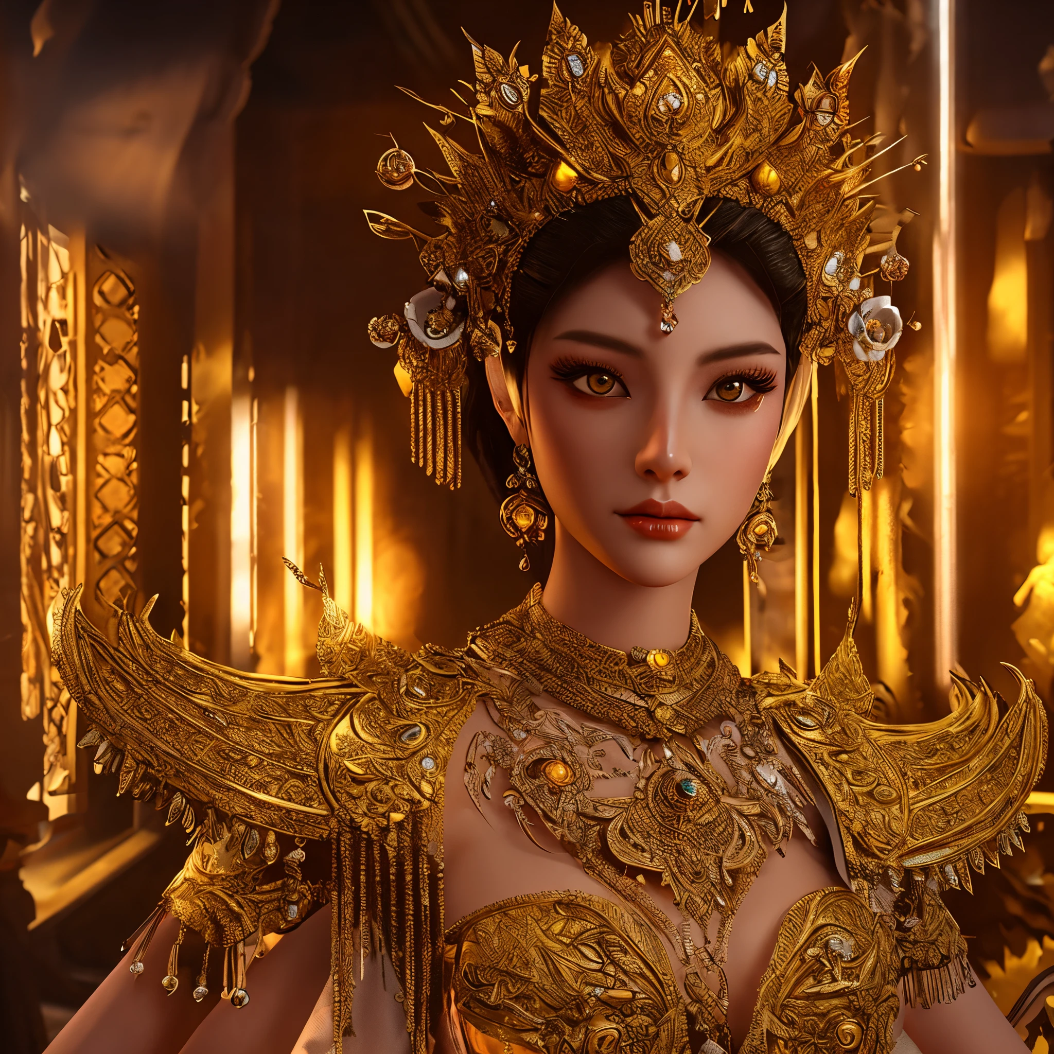 a close up of a woman in a costume with a large headpiece, a beautiful fantasy empress, ((a beautiful fantasy empress)), 4k highly detailed digital art, beautiful render of tang dynasty, detailed fantasy digital art, goddess. extremely high detail, hyperdetailed fantasy character, digital fantasy art ), thailand art, 3 d goddess portrait, 3 d render character art 8 k