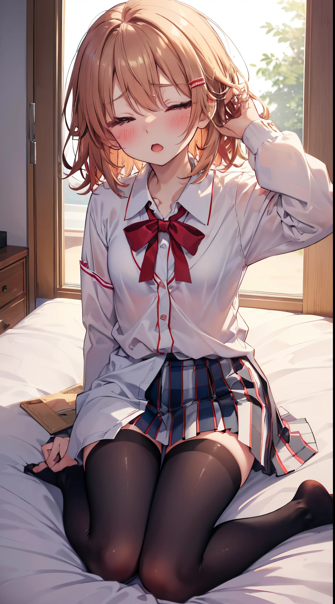 Mature Japanese high school girl、soio、(独奏)、slender leg、(Whole body from head to toe)、From above、(Pitch darkness:1.5)、Sit up、(M-shaped legs)、looking at the observer:1.3、small tits、(black pantyhose): 1.2)、(White panties visible through stockings)、very beautiful girl、(I'm not wearing shoes)、(troubled eyebrow:1.3)、(eye closed:1.3)、(charmed:1.3) 、(Mouth opening:1.5)、(red blush:1.3)、(troubled eyebrow:1.1)、(closed eye:1.3)、(魅惑的:1.3)、(Open mouth:1.5)、(red blush:1.3) 、(troubled eyebrow:1.3)、(eye closed:1.3)、(enraptured:1.3)、(Open mouth:1.5)、(red blush:1.3)、(exclamation) :1.3)、(Narrow-eyed:1.5)、(Semi-closed eyes:1.7)、(deadpan:1.3)、(Open mouth:1.1)、(red blush:1.3)、Frightened eyes、shy big eyes、(short brown hairy area)、(bangss)、Unkempt hair、(hair clips)、pale blush、独奏、lying on white sheets、Staring at this、Lying on a white sheet, staring at the viewer、Looking at the camera、(White panties are visible)、 Cross your arms behind your back。 The base of the thigh、frilld、White lingerie、tears、High School Uniform Blazer、High School Uniform White Blouse、high school uniform blue ribbon、High school uniform plaid and navy pleated skirt、Misaka Mikoto、Brown hair、brown-eyed