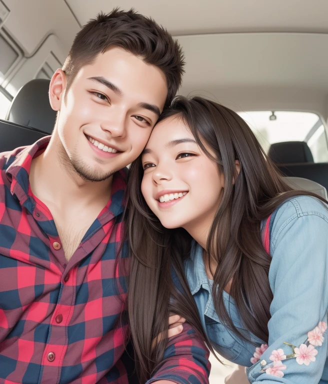 Illustration of a girl hugging a boy from the back, straight portrait, smiling, romantic pose