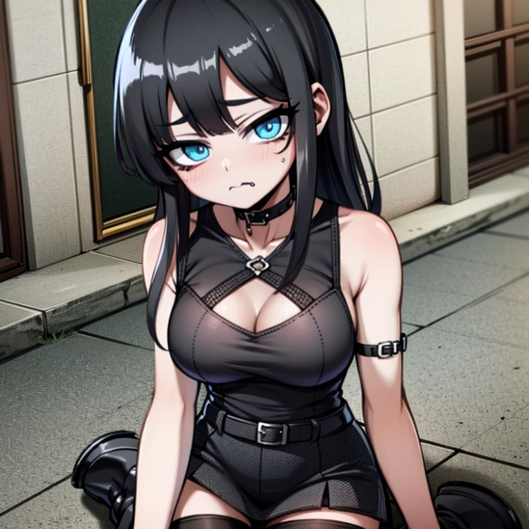 Goth,choker,black hair, eyeliner,school background,black lipstick, single pink highlight in hair,blue eyes,dress,black and white stripped thigh highs,heels, American high school,black skirt,black tank top,petite body,short frame,small boobs,pouty face, needy look, tsundere expression