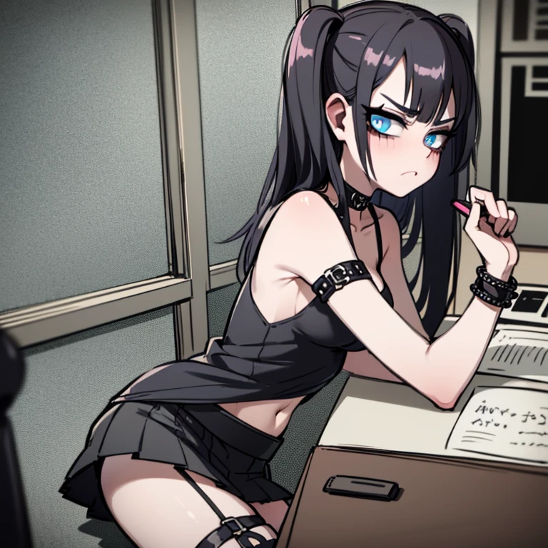 Goth,choker,black hair, eyeliner,school background,black lipstick, single pink highlight in hair,blue eyes,dress,black and white stripped thigh highs,heels, American high school,black skirt,black tank top,petite body,short frame,small boobs,pouty face, needy look, tsundere expression