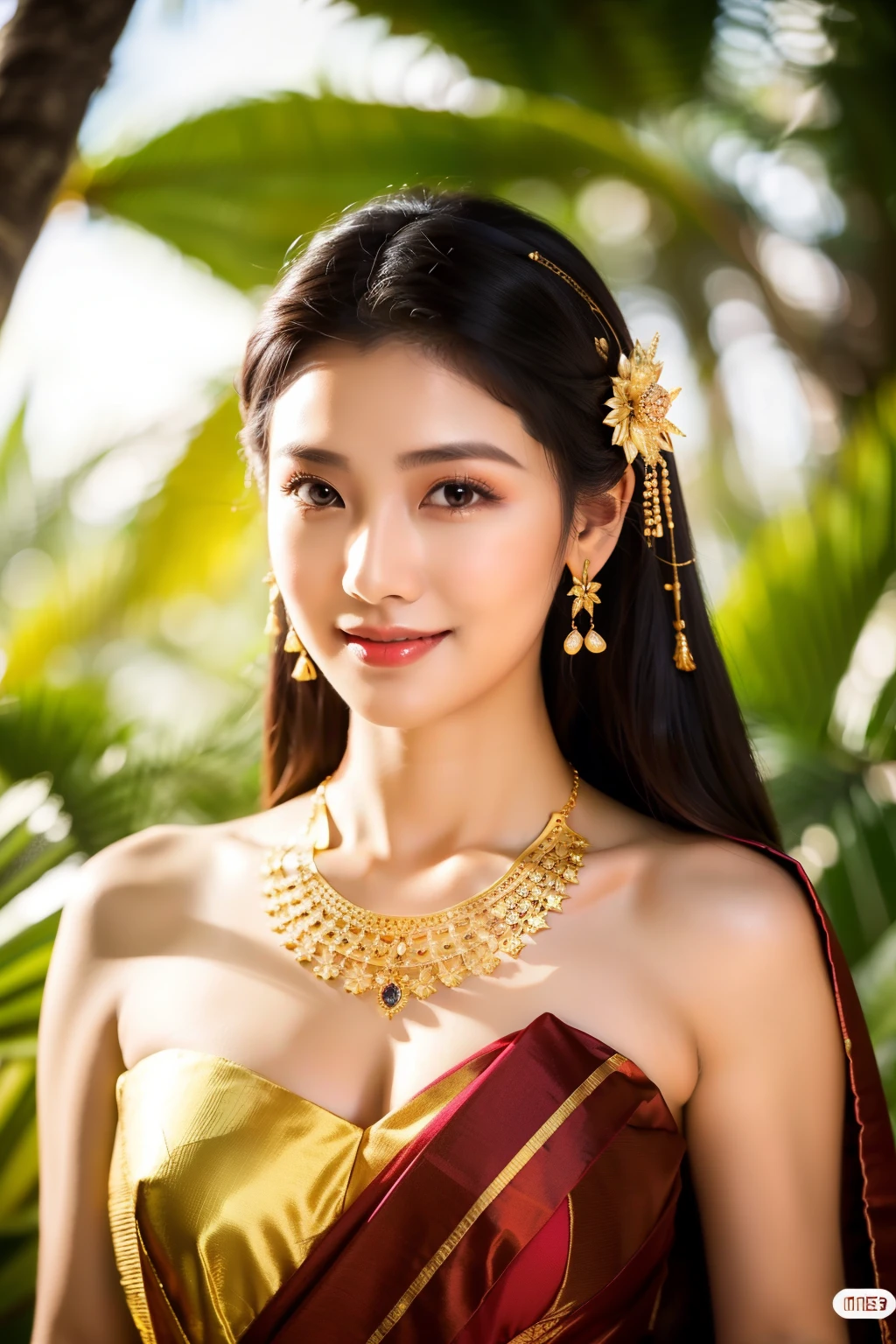（8K分辨率，full body shot），（alone ，20yr old，（Facial features of Thai Min：1.8，Thin skeletal cheeks，s delicate face），com rosto detalhado，Lovely face，com rosto detalhado，详细的脸，Ultra-fine makeup，Black colored eyes，（looking to the camera），Long dark red hair，（Messy hair layers），Redlip，Fair smooth skin，（Best Skin Type：1.21），big breasts，（（Ancient Thai women's clothing，Delicate shawl straps，Luxury ladies' tube dresses），A small number of flower hairpins，Luxury necklaces and bracelets），Tall and tall，perfect hand，Ultra-fine clothing material），（party，banquet，tropical trees，Exquisite environmental details），（exhilarated，confident smile，Rejoice，intimacy），（profesional lighting，动态照明），（（Strong color contrast，Noble and sexy，elegant（golden colored，red colour，In pink））），（Golden section，Dynamic shots，Hasselblad photograp，tmasterpiece：1.3），（Noble temperament，mistic，Fashionab，trendsetting，Artis，Art platform）