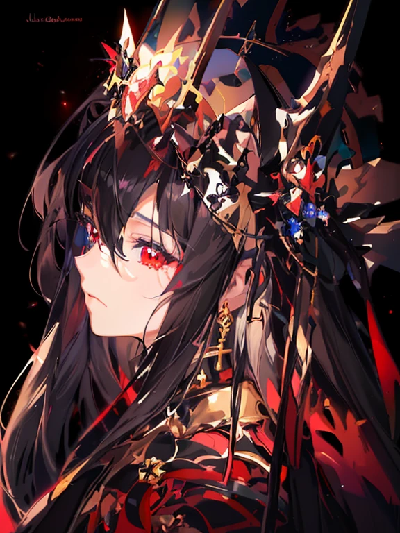 cosmic background、cross earrings、black robes、crosses、illusion background、((​masterpiece,best qualtiy)),beatiful detailed eyes, A detailed face, 1 girl in,White long hair, red eyes, small size of breasts,see the beholder, Blood on the face, (Black background:1.2), Blood particles, Full body、