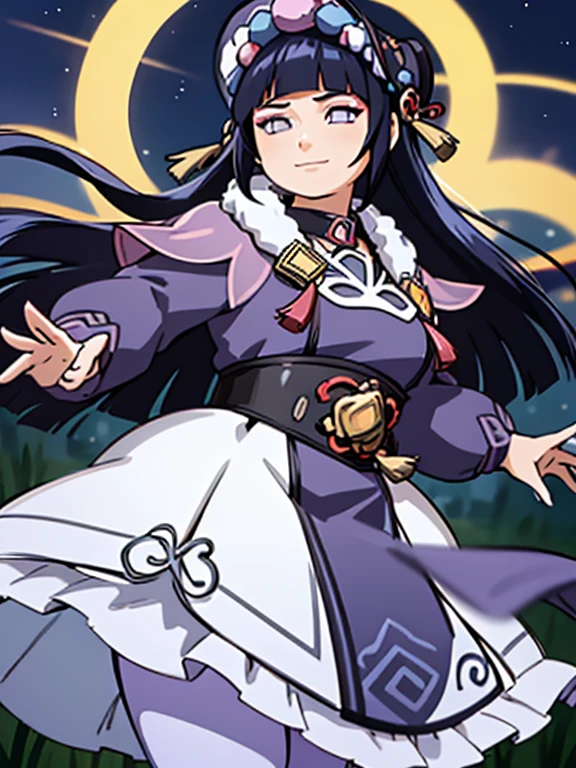 ((masterpiece:1.2)), best quality, (pretty face), dramatic lighting, obese 1girl, solo, blunt bangs, hime cut, obese body, black corset, dark blue hair, collar, mascara, long hair, sidelocks, floating hair, looking at viewer, (makeup), pink capelet, qi lolita, purple eyes, puffy long sleeves, bonnet, purple dress, (large breasts), (under bust), light smile, skirt, (purple pantyhose), (wind blowing skirt), anime screencap, (night sky), east asian architecture, Liyue, tassel, black footwear, (half closed eyes), genshin impact, (purple eyes:1.3), hyuuga hinata as yun jin, standing elegant