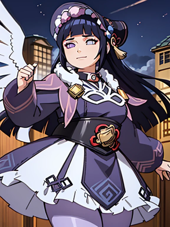 ((masterpiece:1.2)), best quality, (pretty face), dramatic lighting, obese 1girl, solo, blunt bangs, hime cut, obese body, black corset, dark blue hair, collar, mascara, long hair, sidelocks, floating hair, looking at viewer, (makeup), pink capelet, qi ta, purple eyes, puffy long sleeves, bonnet, purple dress, (large breasts), (under bust), light smile, skirt, (purple pantyhose), (wind blowing skirt), anime screencap, (night sky), east asian architecture, Liyue, tassel, black footwear, (half closed eyes), genshin impact, (purple eyes:1.3), hyuuga hinata as yun jin, standing elegant