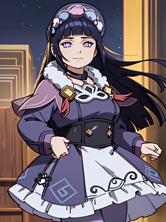 ((masterpiece:1.2)), best quality, (pretty face), dramatic lighting, obese 1girl, solo, blunt bangs, hime cut, obese body, black corset, dark blue hair, collar, mascara, long hair, sidelocks, floating hair, looking at viewer, (makeup), pink capelet, qi lolita, purple eyes, puffy long sleeves, bonnet, purple dress, (large breasts), (under bust), light smile, skirt, (purple pantyhose), (wind blowing skirt), anime screencap, (night sky), east asian architecture, Liyue, tassel, black footwear, (half closed eyes), genshin impact, (purple eyes:1.3), hyuuga hinata as yun jin, standing elegant