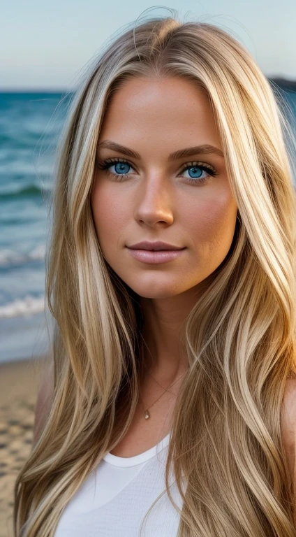 a photorealistic potrait of a 25 year old american girl with long flowing blonde hair blue eyes. she should have a natural, approachable expression and be illuminated by soft, golden- hour sonlight. the backround should be a scenic outdoor setting, perhaps a sunlit park of beach. capture this image with a high-resolution photograph using an 85mm lens for a flattering perspective