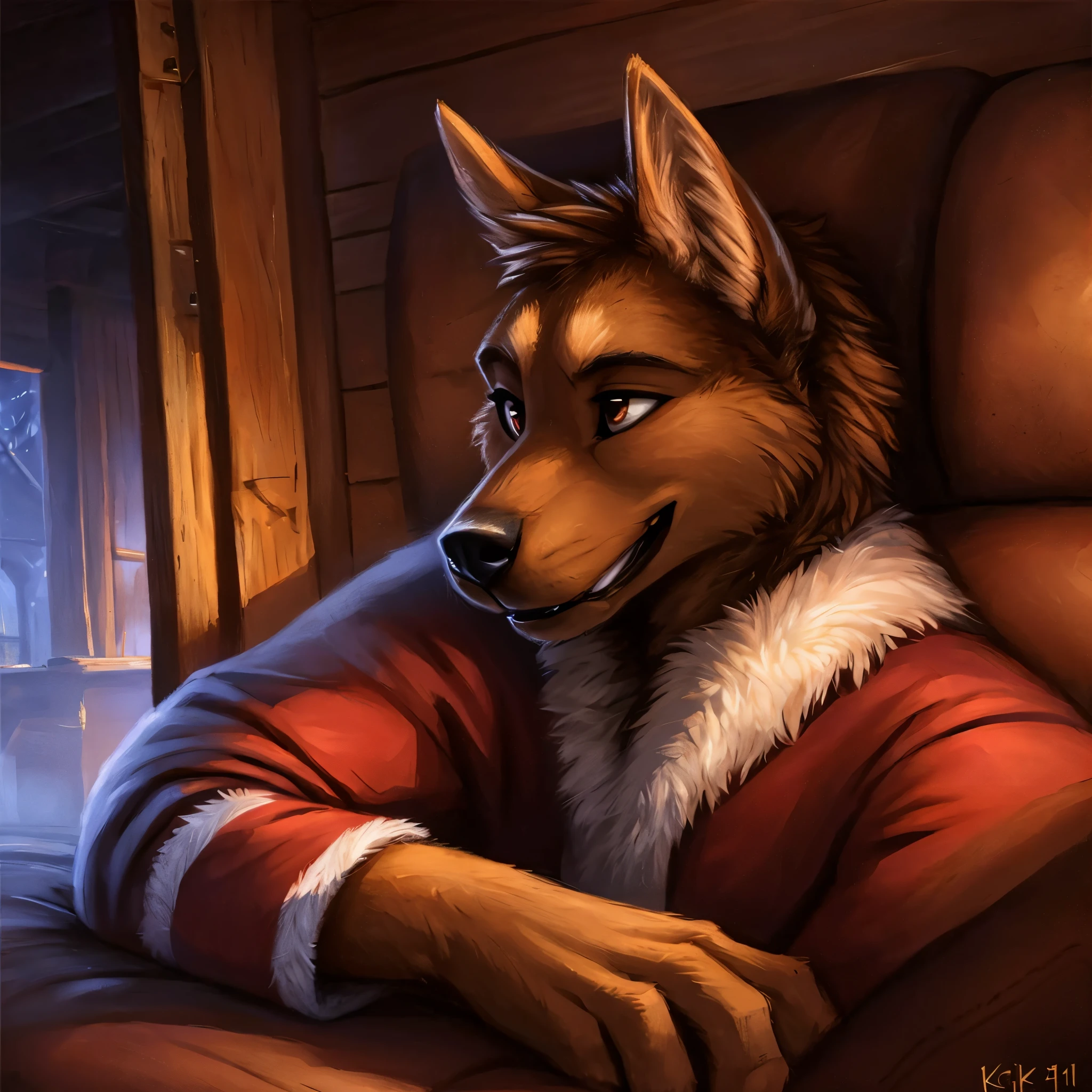 ARTISTS:, Furry Artists, - fluff-kevlar, Zackary911, - Kenket, - Kilinah, - fluff-kevlar, TYPE OF WORK: - masterpiece, - hyper-realistic work, - Best quality, INDIVIDUAL:, - German Shepherd - male, - Head: Extremely detailed brown hair and fur, - Ears: Extremely detailed pointed brown reindeer ears, - Eyes: Extremely detailed and realistic orange irises, - Mouth: Extremely detailed muzzle, - Body: Very small, thick, muscular figure. the muscles are notable, extremely detailed, - Fur: brown, brown and black on forearms and hands, extremely detailed. CLOTHING: - BACKGROUND red Santa Claus suit: - time: Night - character position: sitting on a sofa with a flirtatious expression - Location: a gray room with a sofa and a window behind it with white frames and Christmas decorations remove the third arm/hand