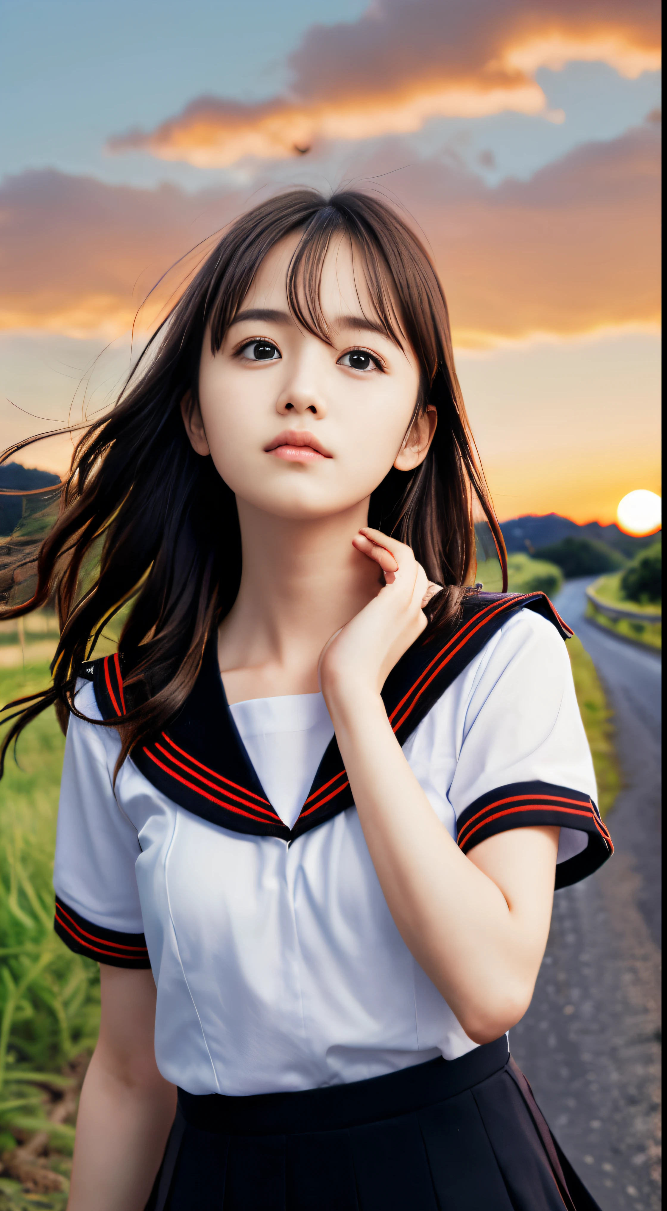 (Dressed in a white sailor uniform with a black collar and black skirt with red trim、Close-up portrait of a girl with long light brown wavy hair:1.5)、(A girl looking up at the sky with a sad face on a Japanese country road:1.5)、(Blurry background:1.5)、(red sky at sunset:1.5)、(Perfect Anatomy:1.3)、(complete hands:1.3)、(complete fingers:1.3)、Photorealsitic、Raw photography、masutepiece、top-quality、hight resolution、delicate and pretty、face perfect、Beautiful detailed eyes、Fair skin、Real Human Skin、((thin legs))、(Dark hair)