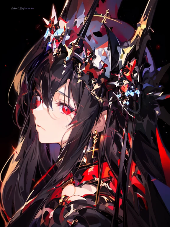 crosses、cosmic background、cross earrings、black robes、crosses、illusion background、((masterpiece,best qualtiy)),beatiful detailed eyes, A detailed face, 1 girl in,White long hair, red eyes, small size of breasts,see the beholder, Blood on the face, (Black background:1.2), Blood particles, Full body、