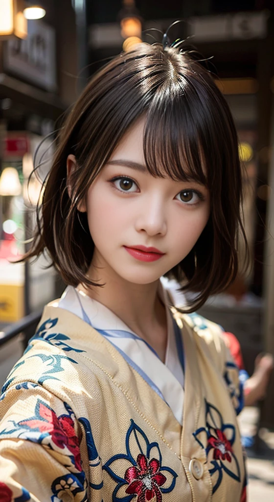(8K, Raw photo:1.2), Detailed face and eyes,Best Quality, 超A high resolution, Highly detailed ,intricate detailes ,masutepiece ,Cute Girl , Soft cinematic light, Hyper-detailing,Sharp Focus, High quality, A dark-haired, bob cuts, Yukata