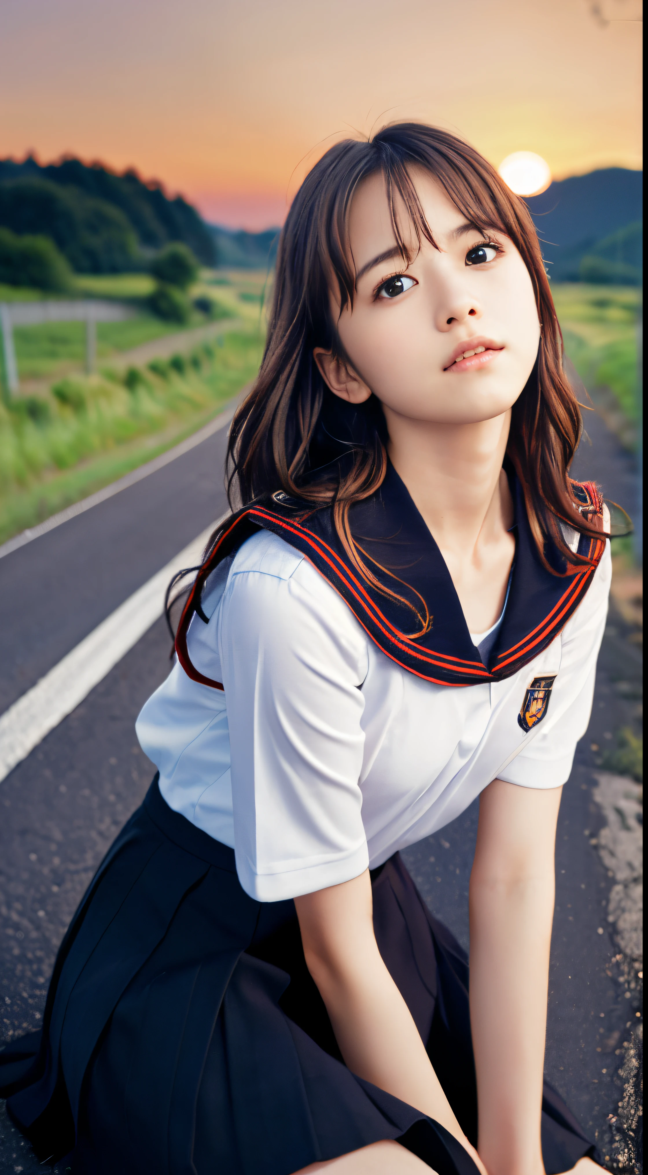 (Dressed in a white sailor uniform with a black collar and black skirt with red trim、Close-up portrait of a girl with long light brown wavy hair:1.5)、(A girl looking up at the sky with a sad face on a Japanese country road:1.5)、(Blurry background:1.5)、(red sky at sunset:1.5)、(Perfect Anatomy:1.3)、(complete hands:1.3)、(complete fingers:1.3)、Photorealsitic、Raw photography、masutepiece、top-quality、hight resolution、delicate and pretty、face perfect、Beautiful detailed eyes、Fair skin、Real Human Skin、((thin legs))、(Dark hair)