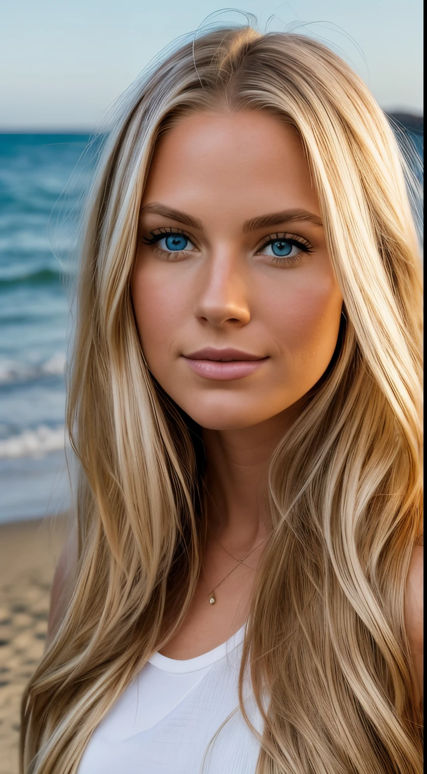 a photorealistic potrait of a 25 year old american girl with long flowing blonde hair blue eyes. she should have a natural, approachable expression and be illuminated by soft, golden- hour sonlight. the backround should be a scenic outdoor setting, perhaps a sunlit park of beach. capture this image with a high-resolution photograph using an 85mm lens for a flattering perspective