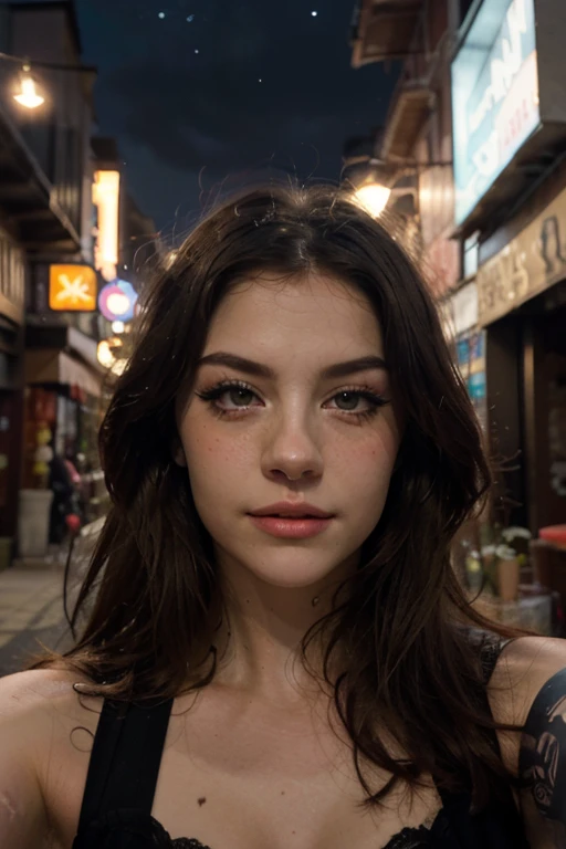 (Selfie, Plan: 1.4), (Straight half of body: 1.4), RAW UHD portrait photo of a blonde woman (Green-eyed woman) Walking down a dark alley, City at night, (rock), Details (Fabric! , Hair! , Shine, Color!!), Bright eyes with high level of detail (Looking at the camera), SLR Lighting, Single lens reflex camera, Ultra quality, sharpness, Depth of field, Filmkorn (Medium), Fujifilm XT3 , Crystal clear, Rahmenmitte, Beautiful face, Sharp focus, street lamp, Neonbeleuchtung, Bokeh (Low light), Night, (Night sky), Detailed skin pores, Complex eyes, Details, long and beautiful eyelashes
