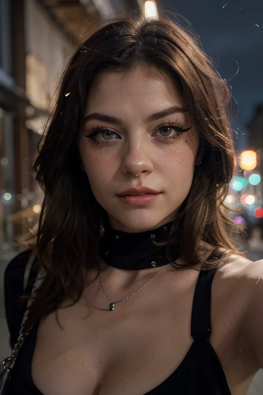 (Selfie, Plan: 1.4), (Straight half of body: 1.4), RAW UHD portrait photo of a blonde woman (Green-eyed woman) Walking down a dark alley, City at night, (rock), Details (Fabric! , Hair! , Shine, Color!!), Bright eyes with high level of detail (Looking at the camera), SLR Lighting, Single lens reflex camera, Ultra quality, sharpness, Depth of field, Filmkorn (Medium), Fujifilm XT3 , Crystal clear, Rahmenmitte, Beautiful face, Sharp focus, street lamp, Neonbeleuchtung, Bokeh (Low light), Night, (Night sky), Detailed skin pores, Complex eyes, Details, long and beautiful eyelashes