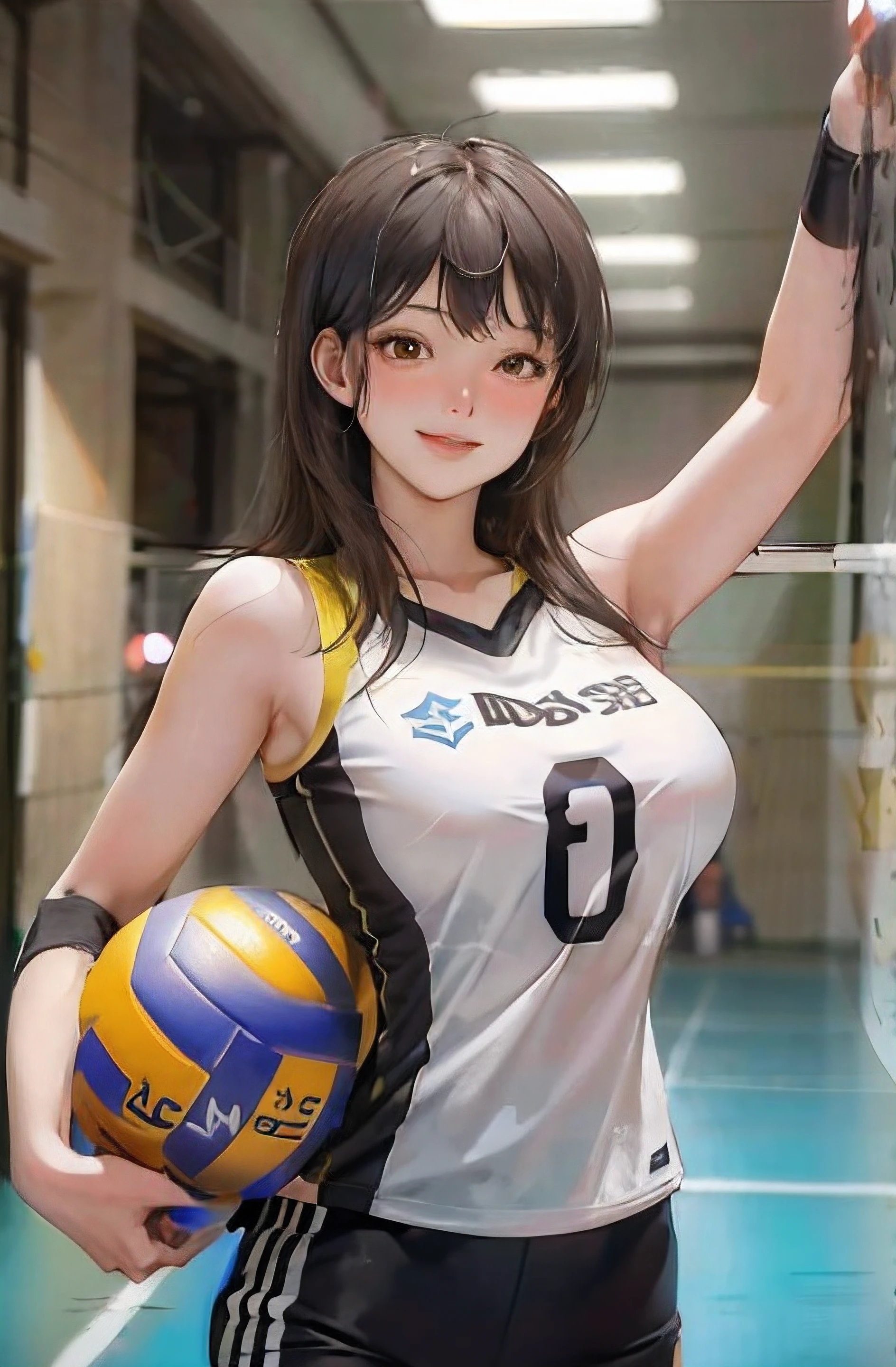 1lady solo, /(volleyball uniform/), mature female, /(black hair/) bangs, blush kind smile, (masterpiece best quality:1.2) delicate illustration ultra-detailed, large breasts BREAK /(volleyball court indoors/)