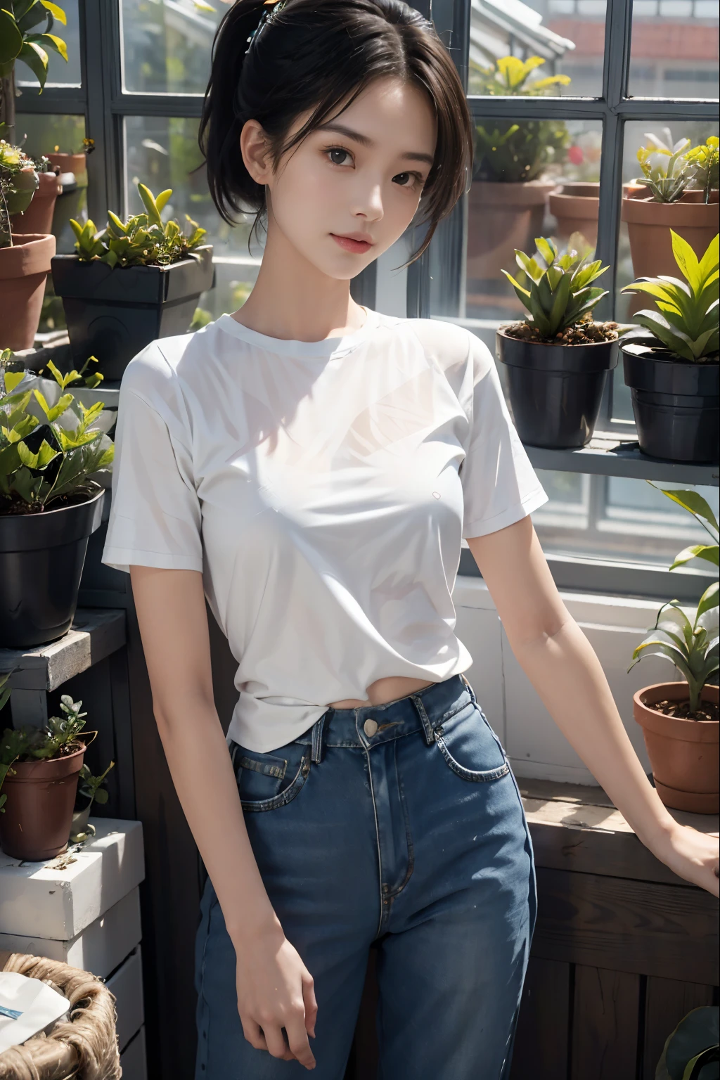 girl, short ponytail hair, white shirt, denim pant, Small potted plant on hand, In the greenhouse, There are many potted succulents in the greenhouse, There sunlight outside the window.