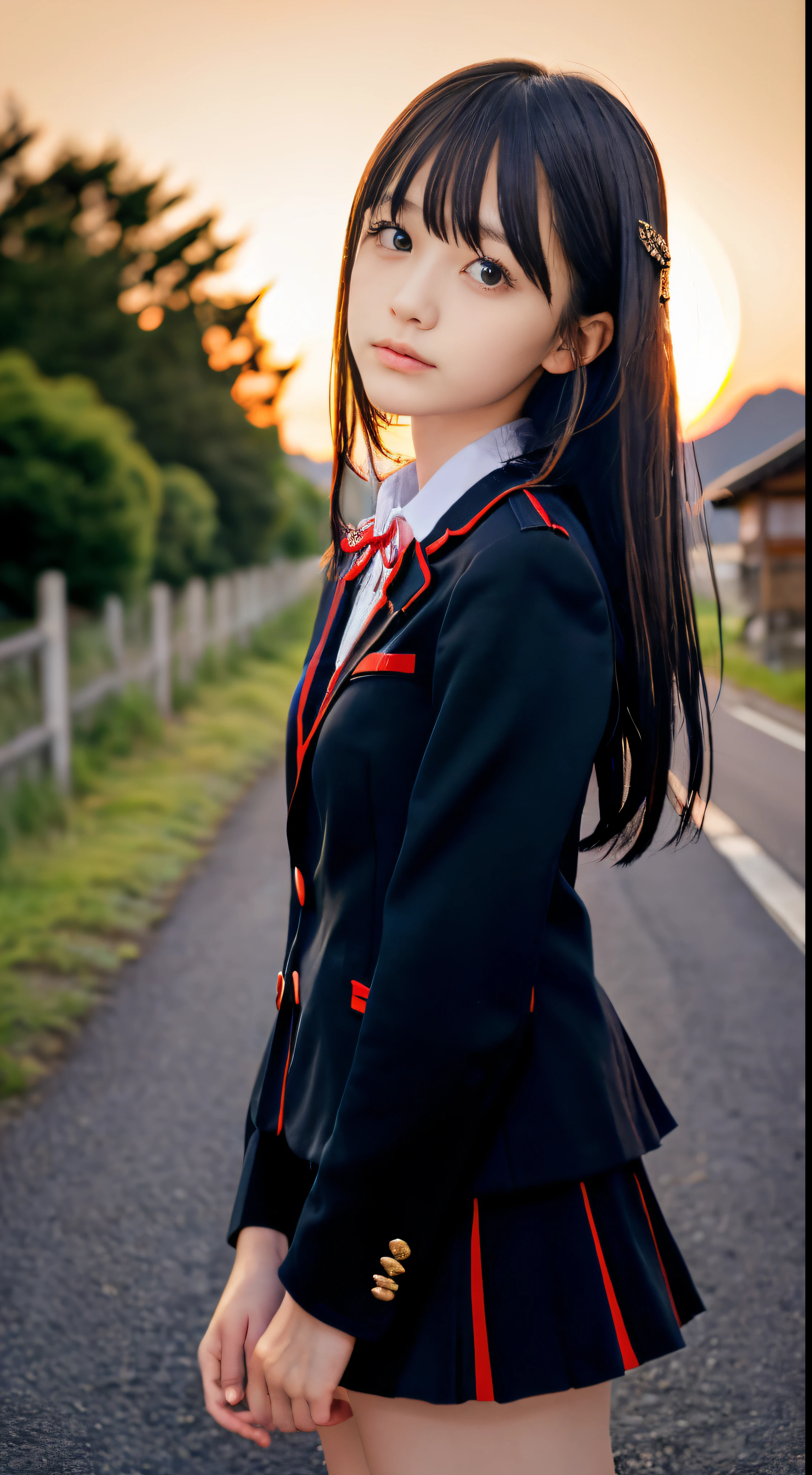 (Dressed in a black blazer uniform with a red-trimmed collar and a black skirt、Close-up portrait of a slender small-breasted dark silver long-haired girl with swept-back bangs:1.5)、(A girl looking up at a Japanese country road with a sad face:1.5)、(Uniform with a black blazer and a skirt with a red edging collar:1.5)、(Blurry background:1.5)、(red sky at sunset:1.5)、(Perfect Anatomy:1.3)、(complete hands:1.3)、(complete fingers:1.3)、Photorealsitic、Raw photography、masutepiece、top-quality、hight resolution、delicate and pretty、face perfect、Beautiful detailed eyes、Fair skin、Real Human Skin、((thin legs))、(Dark hair)