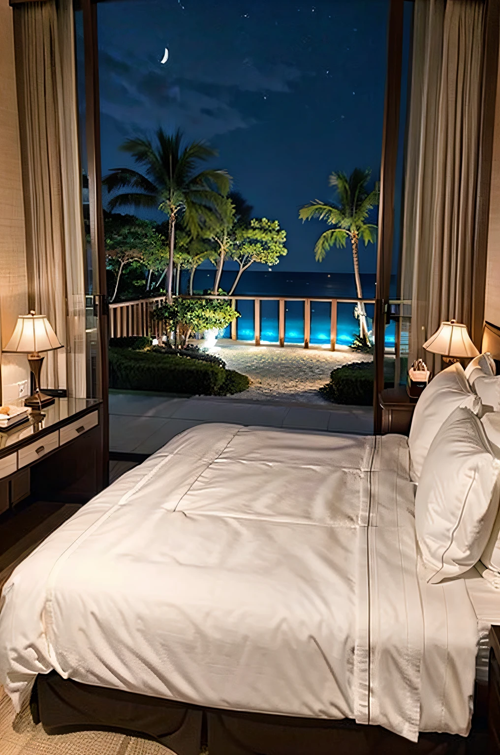 Luxury resort bedroom scenery、Night time、beach view from the window