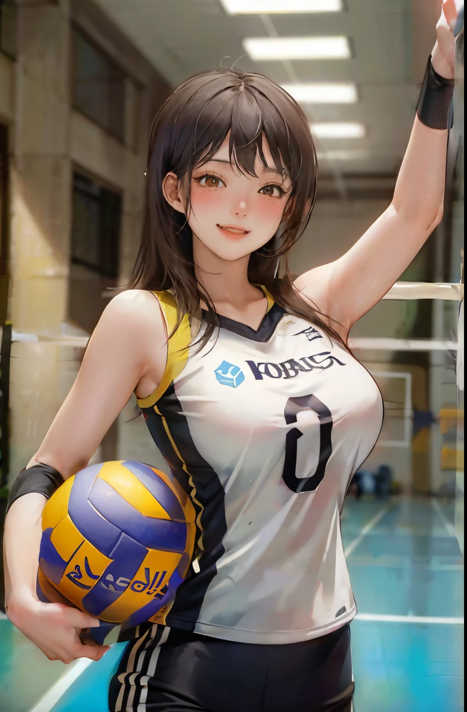 1lady solo, /(volleyball uniform/), mature female, /(black hair/) bangs, blush kind smile, (masterpiece best quality:1.2) delicate illustration ultra-detailed, large breasts BREAK /(volleyball court indoors/)