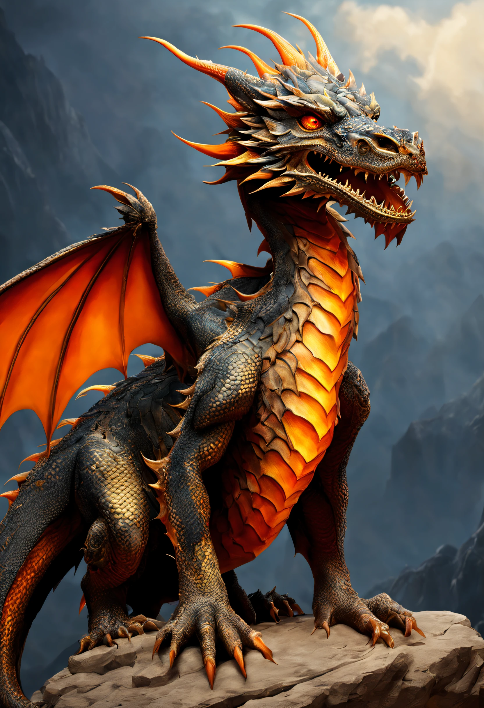 A magnificent realistic and very detailed dragon, with multi-colored scales and orange eyes like flames and very textured