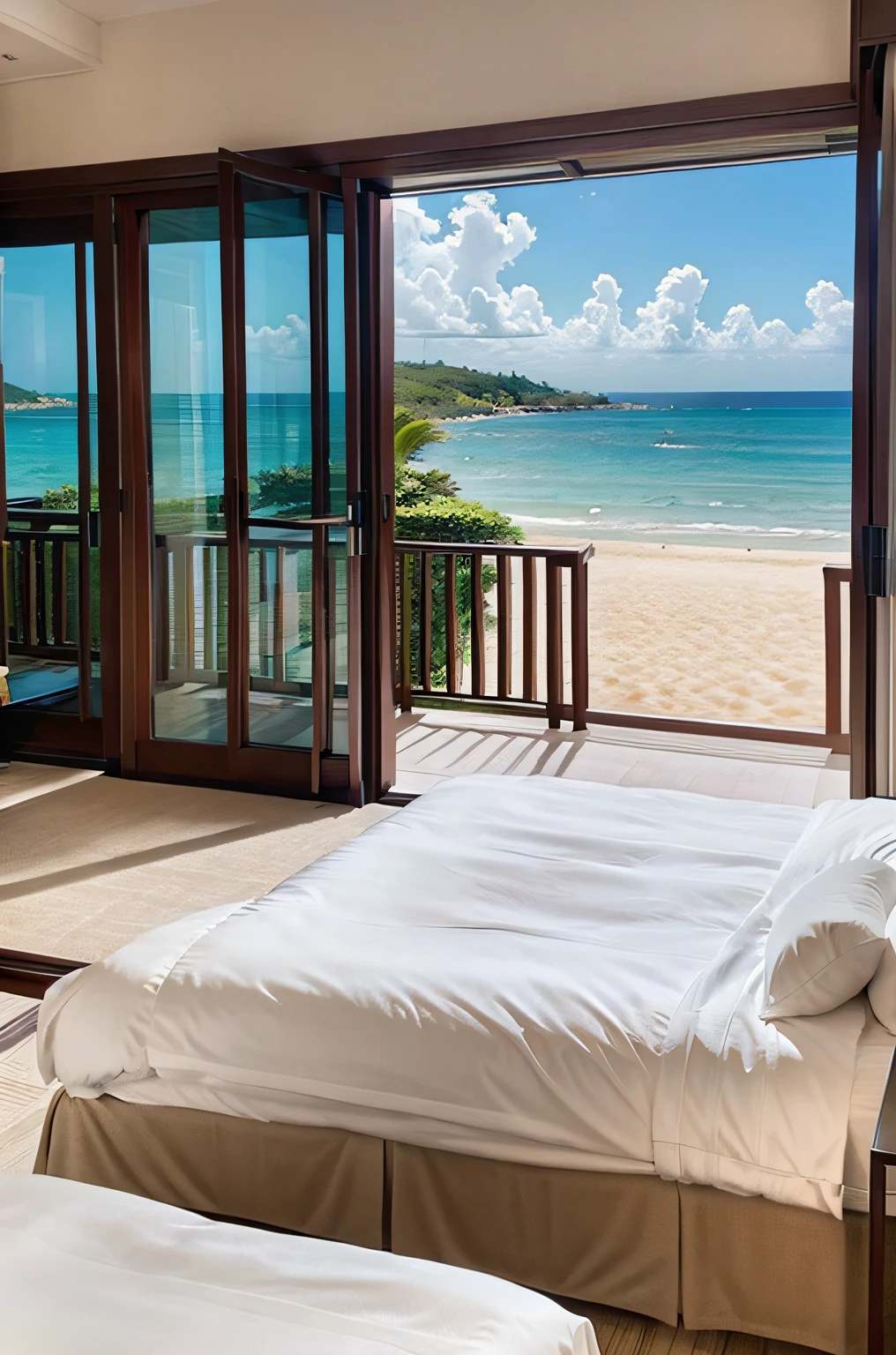 Luxury resort bedroom scenery、Daytime、beach view from the window