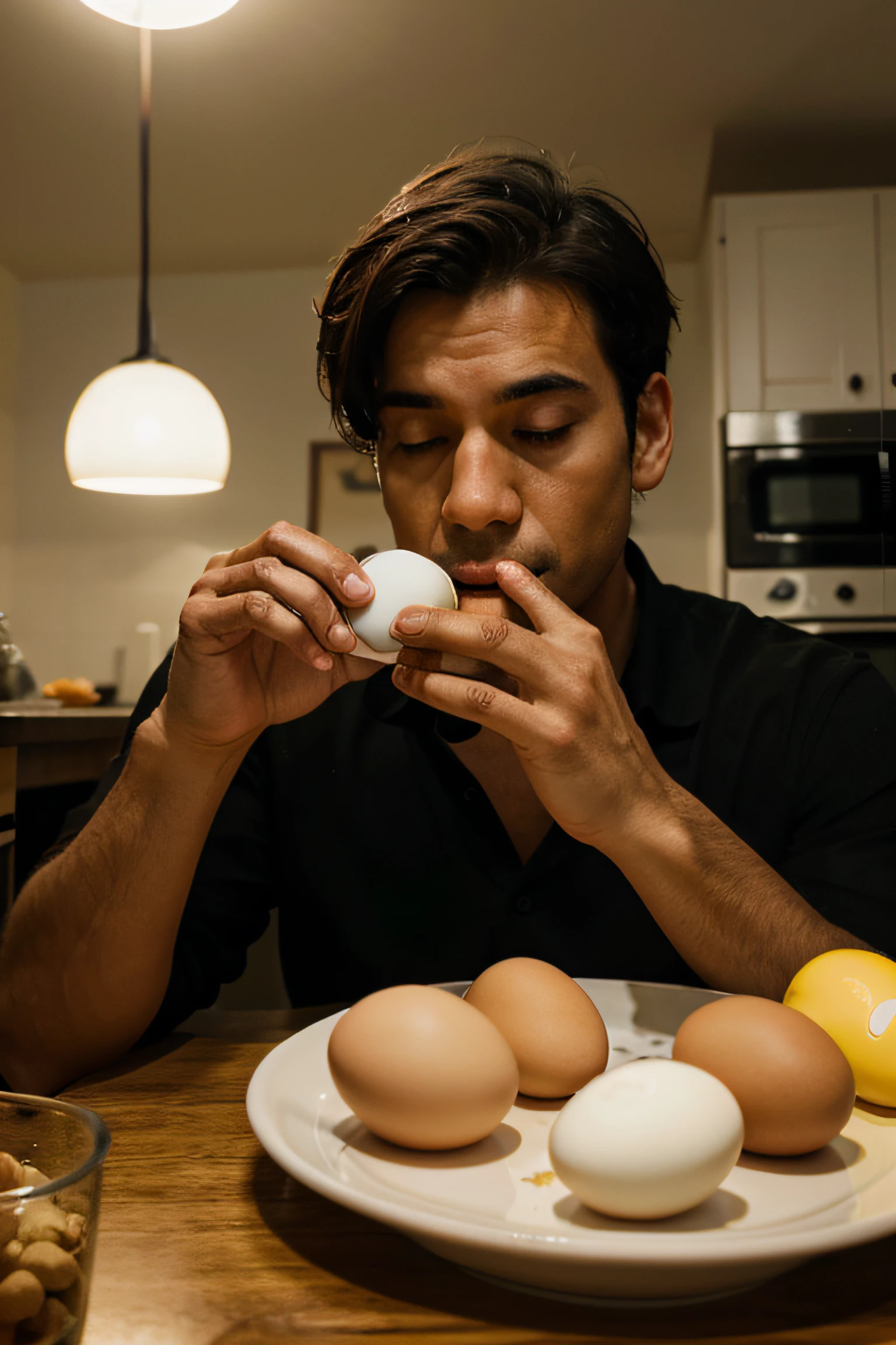 um homem, comendo ovos, cinematographic, in 16x9 resolution