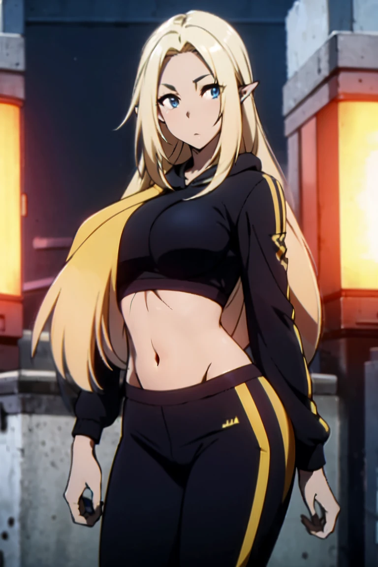 alpha, 1woman, solo, long hair, pointy ears, blonde hair, breasts,sexy body, large breasts, high quality, best quality, ultra detailed, masterpiece, wearing a crop top hoodie, Wearing tight sports pants, hair tying pose