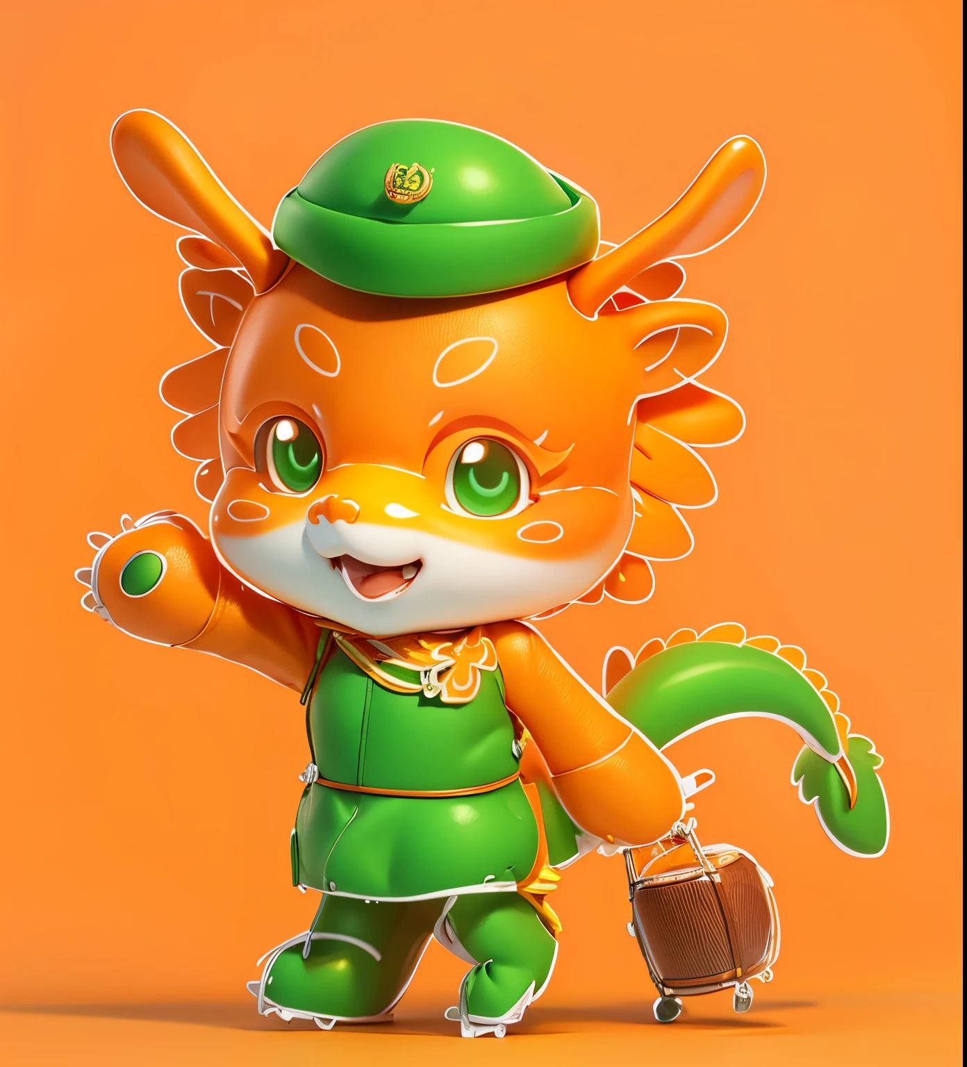 Orange Chinese dragon image,Wear green,Holding the suitcase,adolable,,Q version,Blind box texture,3d