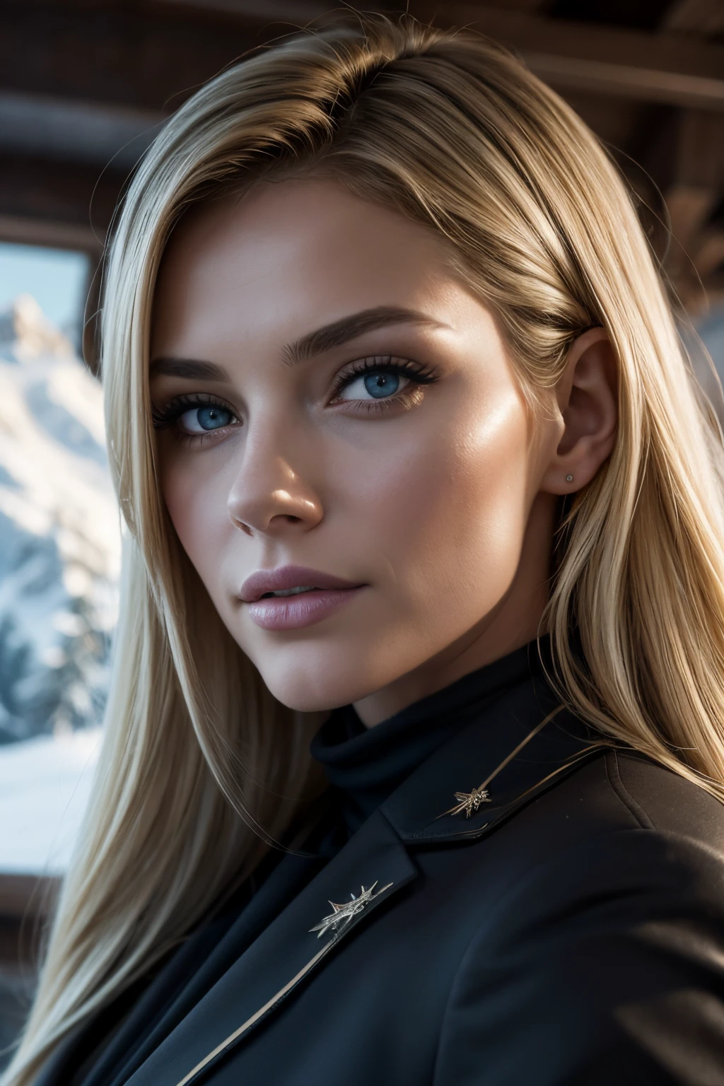 Photo professionnelle du corps entier, (Photo 4k:1.1) par (Jeremy Lipking:0.3), (Dittmann Anna:0.3), (jiner:0.3), (mise au point nette:1.3), High detail, Elegant businesswoman, tenue de ski d'hiver,, Doudoune noir mais ouverte pour laisser las vue à une décollecté plongeant, cheveux blonds, grand sourire , Pose of the Instagram model, pose de dos, regard coquin direct vers camera, confiant, fille en forme, Fille maigre, seins gros:1.2, anatomie parfaite, Perfect symmetry:1.2, Realstic, realistic face:1.2, visage parfait, contenu, confiant, highly detailed, et dramatique, lighting cinematic, Lighting scene, background à la montagne, neige
