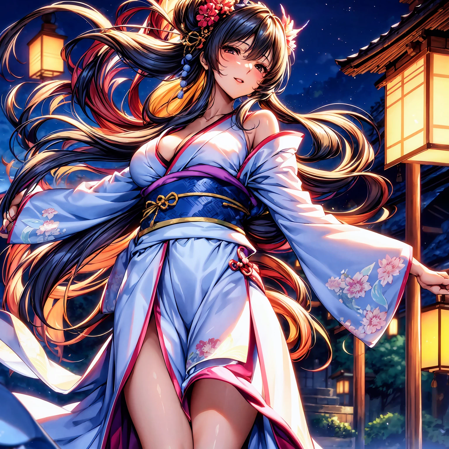 (top-quality、masterpiece、very high res、超A high resolution,High resolution details 1.5)、A woman of perfect and ultimate beauty(24 years old 1.5)、Realistic portrait slender figure with beautiful breasts(F Cup 1.5)、Beautiful body、美丽的面容、large pink,Long hair,Beautiful hair、Japan hair ornament,Realistic textured skin and、Wearing a beautiful Japanese kimono,Kimono has colors and patterns...,Kimono sleeves and obi are long,Arms outstretched,Exposed shoulders from kimono,I can see the cleavage,The stole passes from the wrist to the waist..,Bright smile,Mouth opens,Hair flutters under the influence of the wind,The sleeves and obi of the kimono flutter in the wind.,There is a mysterious waterside and waterfall,Fantastic night sky and beautiful full moon,Lantern light,Beautiful Landscapes、(accurate detail、the detailed images、Accurate images、Perfect Image 1.5)、、beautiful anime woman, Beautiful Art Style, an animated character、The whole picture、Detailed picture、accurate anatomy、Defect-free images、natural soft light、beautiful image、extremely detailed picture、(Best Shot 1.2)