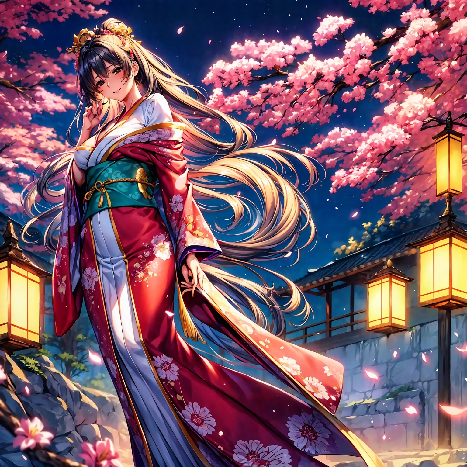 (top-quality、masterpiece、very high res、超A high resolution,High resolution details 1.5)、A woman of perfect and ultimate beauty(24 years old 1.5)、Realistic portrait slender figure with beautiful breasts(F Cup 1.5)、Beautiful body、美丽的面容、large pink,Long hair,Beautiful hair、Japan hair ornament,Realistic textured skin and、Wearing a beautiful Japanese kimono,Kimono has colors and patterns...,Kimono sleeves and obi are long,Arms outstretched,Exposed shoulders from kimono,I can see the cleavage,The stole passes from the wrist to the waist..,Bright smile,Mouth opens,Hair flutters under the influence of the wind,The sleeves and obi of the kimono flutter in the wind.,There is a mysterious waterside and waterfall,Fantastic night sky and beautiful full moon,Lantern light,Beautiful Landscapes、(accurate detail、the detailed images、Accurate images、Perfect Image 1.5)、、beautiful anime woman, Beautiful Art Style, an animated character、The whole picture、Detailed picture、accurate anatomy、Defect-free images、natural soft light、beautiful image、extremely detailed picture、(Best Shot 1.2)