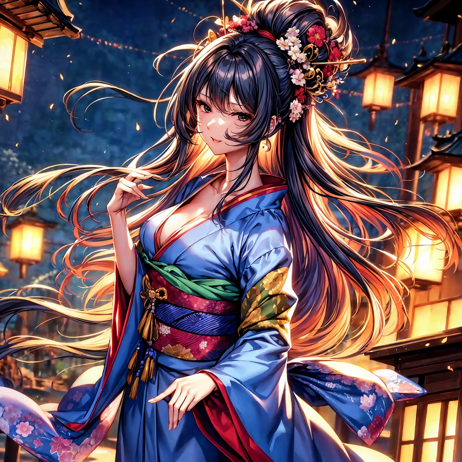 (top-quality、masterpiece、very high res、超A high resolution,High resolution details 1.5)、A woman of perfect and ultimate beauty(24 years old 1.5)、Realistic portrait slender figure with beautiful breasts(F Cup 1.5)、Beautiful body、美丽的面容、large pink,Long hair,Beautiful hair、Japan hair ornament,Realistic textured skin and、Wearing a beautiful Japanese kimono,Kimono has colors and patterns...,Kimono sleeves and obi are long,Arms outstretched,Exposed shoulders from kimono,I can see the cleavage,The stole passes from the wrist to the waist..,Bright smile,Mouth opens,Hair flutters under the influence of the wind,The sleeves and obi of the kimono flutter in the wind.,There is a mysterious waterside and waterfall,Fantastic night sky and beautiful full moon,Lantern light,Beautiful Landscapes、(accurate detail、the detailed images、Accurate images、Perfect Image 1.5)、、beautiful anime woman, Beautiful Art Style, an animated character、The whole picture、Detailed picture、accurate anatomy、Defect-free images、natural soft light、beautiful image、extremely detailed picture、(Best Shot 1.2)