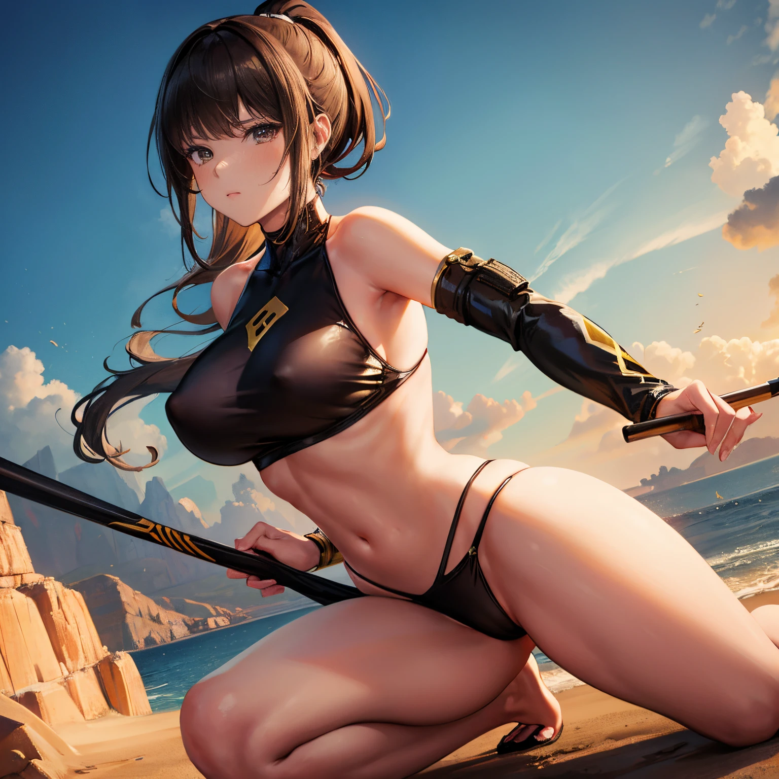 one-girl,Tall guy,asiagirl,dual horsetail,double-ponytail,the detail,brown hair color hair,Martial artist,x swimsuit,kini swimsuit,little belly,Very revealing martial artist costume,Black and gold clothes with long legs