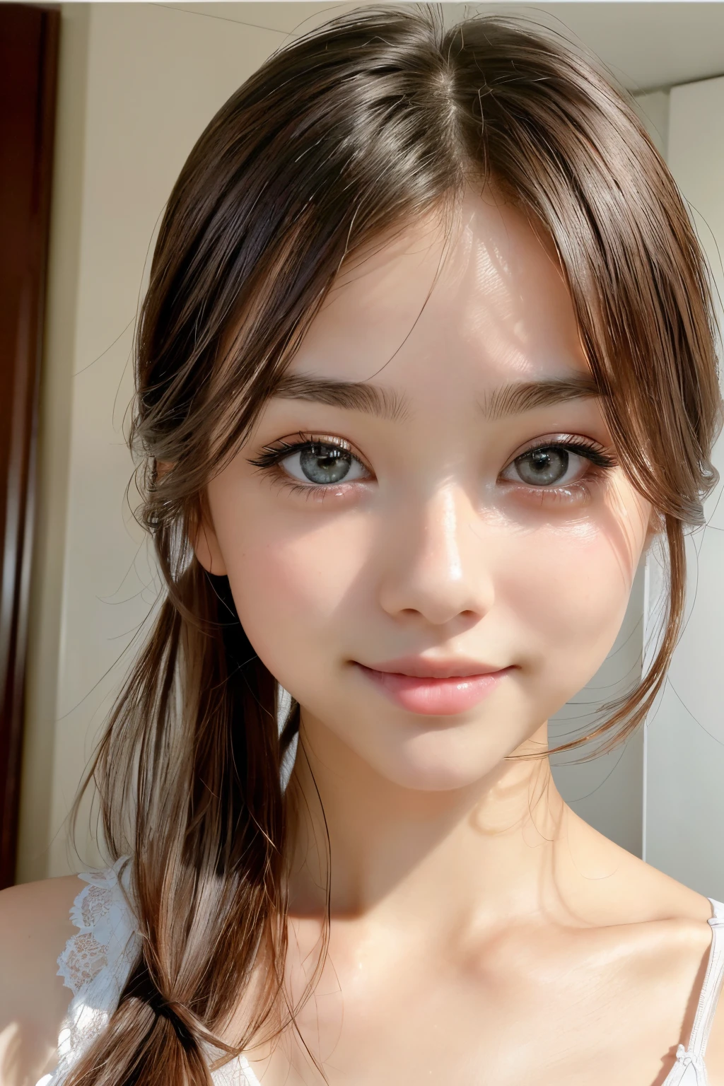 (超A high resolution、Photorealsitic、realisitic、top-quality、Photorealsitic)、
(((high-detail skin))),(realperson,a picture),
((mix4)),
(8K、Raw photo、top-quality、masterpiece)、(1 Japan Girl)、photon maping、Radio City、physically-based renderingt、auto white balance、((close up of face、haunting smile、moist lips、shorth hair)))、
(red blush|Cute and playful|adolable|Thin|a beauty girl|ar old|Childish looks)、(((Look at viewers)),((irises and pupils are rounded,,the pupil reflects the surroundings,Eyes are not the same size)), ((((Thin)))),undergarment、an lingerie、healthy、poneyTail