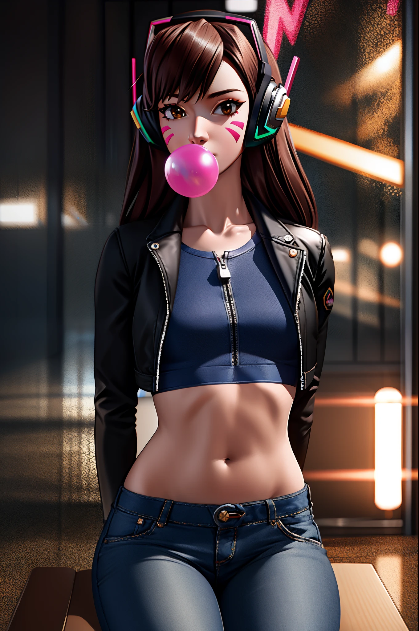 perfect eyes:1.2, detailed eyes:1.4, cowboy shot, sitting, blow bubble gum, d.va, crop top overhang, jacket, long hair, brown hair, headphones, navel, whisker markings, casual clothes, 1girl, solo, (masterpiece:1.6, best quality), 8k, insane details, intricate details, hyperdetailed, hyper quality, high detail, ultra detailed, professional, HDR, ray tracing reflection, cinematic lighting,