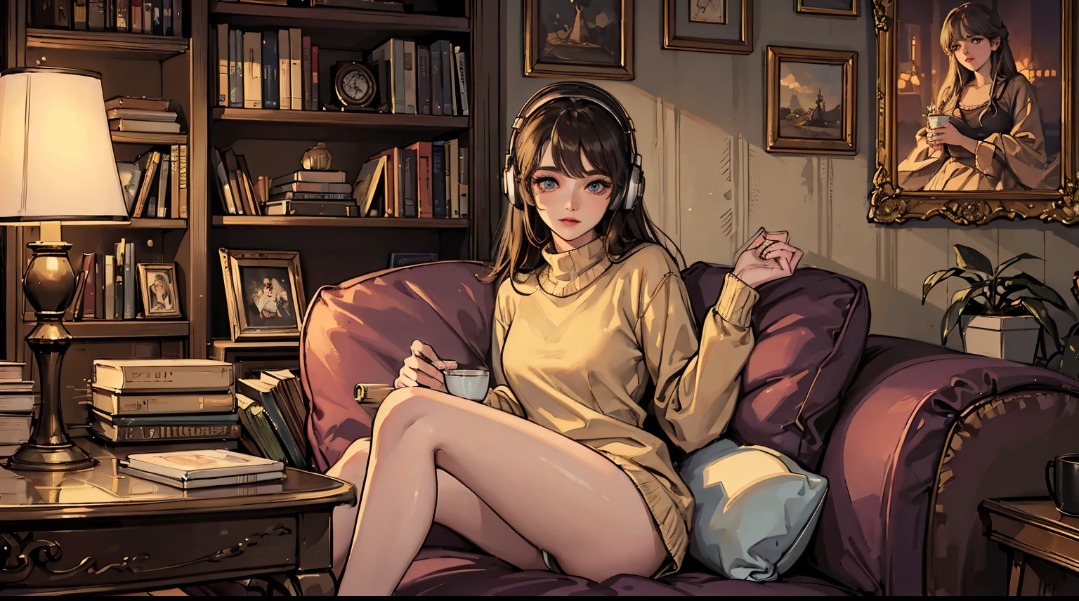 best quality,4k,8k,highres,masterpiece:1.2,ultra-detailed,realistic:1.37,beautiful detailed eyes,beautiful detailed lips,extremely detailed eyes and face,long eyelashes,1girl,lofi girl,soft lighting,pastel colors,dreamy atmosphere,retro vibes,vintage fashion,vinyl record player,dusty room,relaxed pose,film photography aesthetic,vignette,soft focus,old books on shelf,indoor plants,cassette tapes,coffee cup,headphones,digital artwork,laid-back expression,warm and cozy,cozy sweater,candlelight,neon lights,glowing sunset,artistic vibes,ethereal ambiance