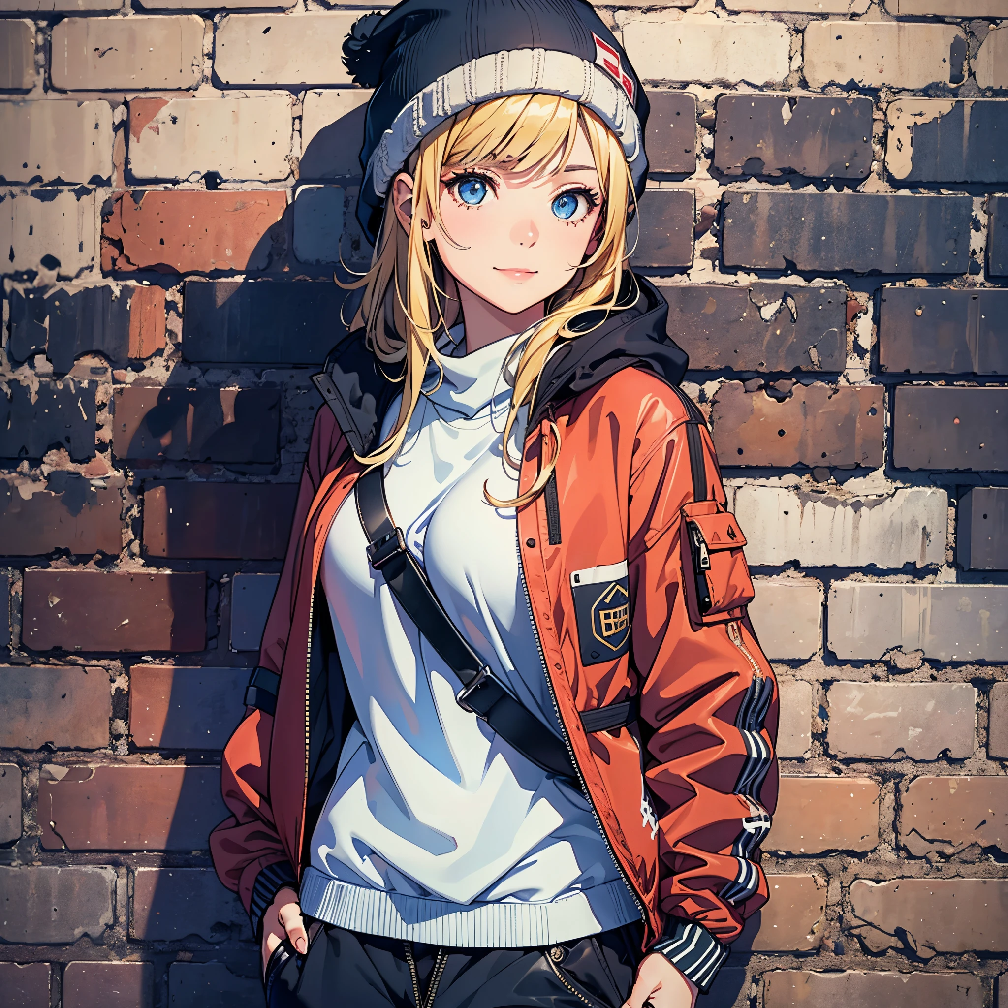 ((Best Quality, 8K, Masterpiece:1.3)), Focus: 1.2, (Perfect Body Beauty, Photorealistic: 1.4), (Best Quality), (Best Shadow), Detailed, Perfect Lighting, BREAK
1girl, solo, blonde hair, little smile, blue eyes, Swept bangs, big breasts, perfect anatomy, 10 heads tall,
BREAK
stand against the brick wall, looking away, upper body, (baggy saxe blue collage jacket), sweatshirt, (a girl's crossbody bag), knit hat, sneakers, black jersey pants,
