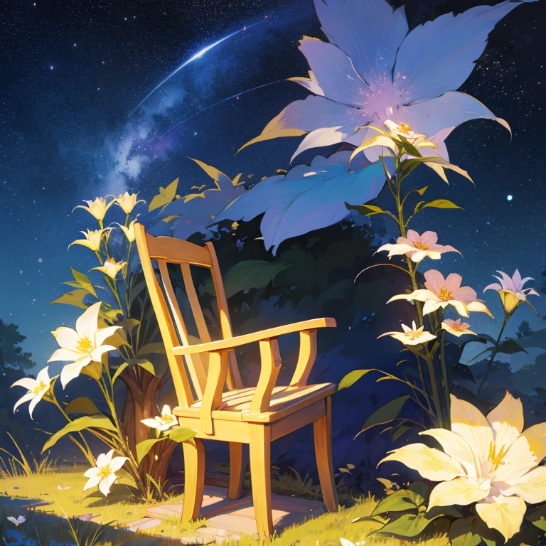 Night on the Galaxy Express、starrysky、Wooden chair、flowerbed、Background with、natta、observitory