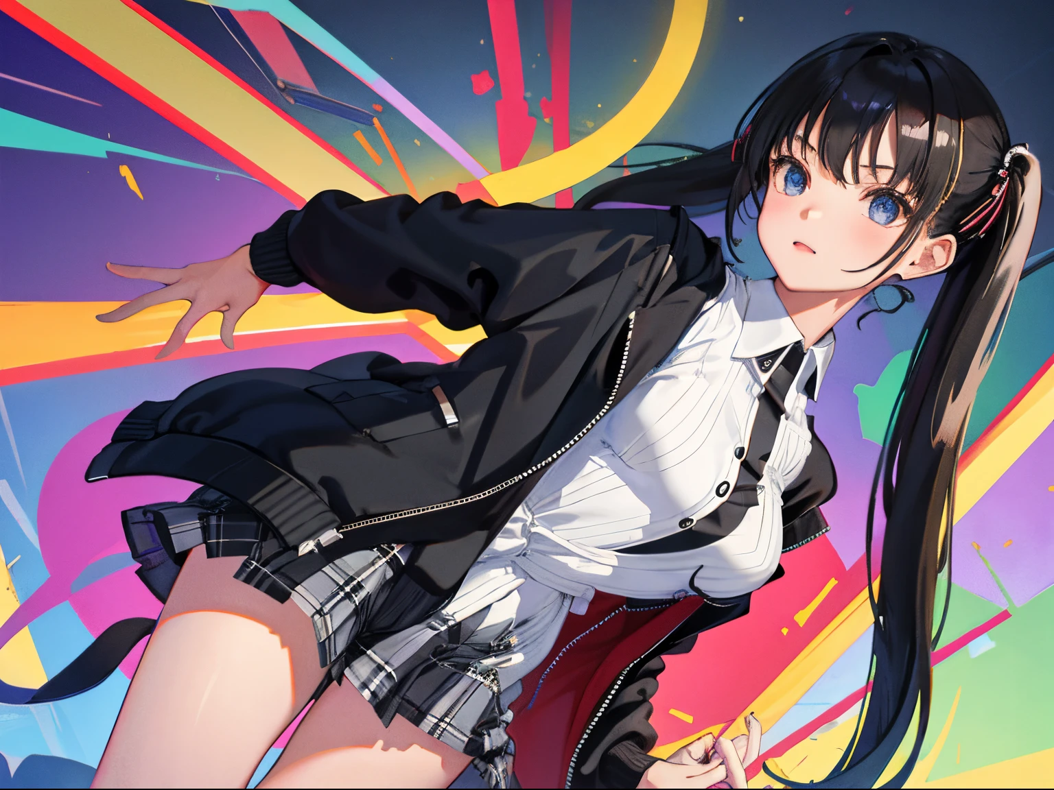 child，（​masterpiece，Highest Quality），（plaid zip-up dress:1.4），student clothes，shortsleeves，A dark-haired，long twintail，station