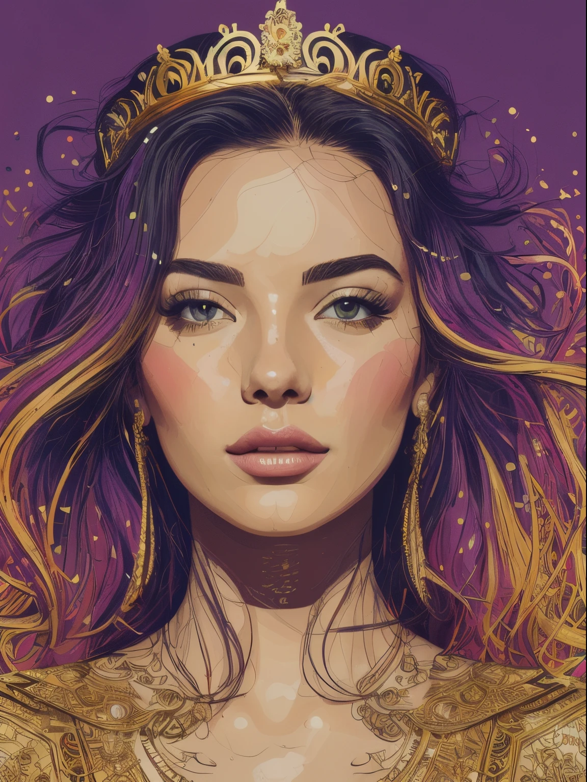 (nvinkpunk:1.2), (snthwve style:0.8), ((best quality)), ((masterpiece)), (detailed), beautiful, FISideRight, perfect face, abstract beauty, Create a digital art work in pop art style, luxury elegance bold with hint of feminine, happy & youthful, authentic, brave, princess wearing crown, (purple), (gold), centered, key visual, intricate, highly detailed, breathtaking beauty, precise lineart, vibrant, comprehensive cinematic, Carne Griffiths, Conrad Roset, vector art, Colorful graffiti illustration, (the most beautiful portrait in the world:1.5)