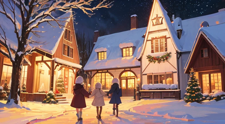 illustration, art, high quality, high resolution, masterpiece, beautiful Christmas celebration, heartwarming, warmth, joy, festive charm, twinkling lights, snow-kissed trees, without person, a quaint home bustling with seasonal cheer, vibrant colors
