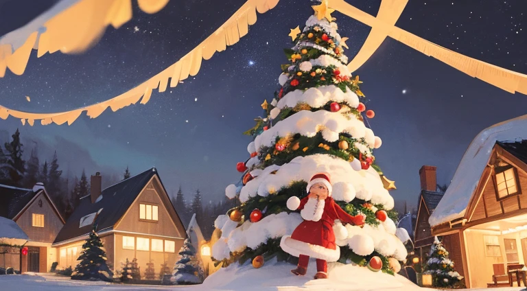 illustration, art, high quality, high resolution, masterpiece, beautiful Christmas celebration, heartwarming, warmth, joy, festive charm, twinkling lights, snow-kissed trees, without person, a quaint home bustling with seasonal cheer, vibrant colors
