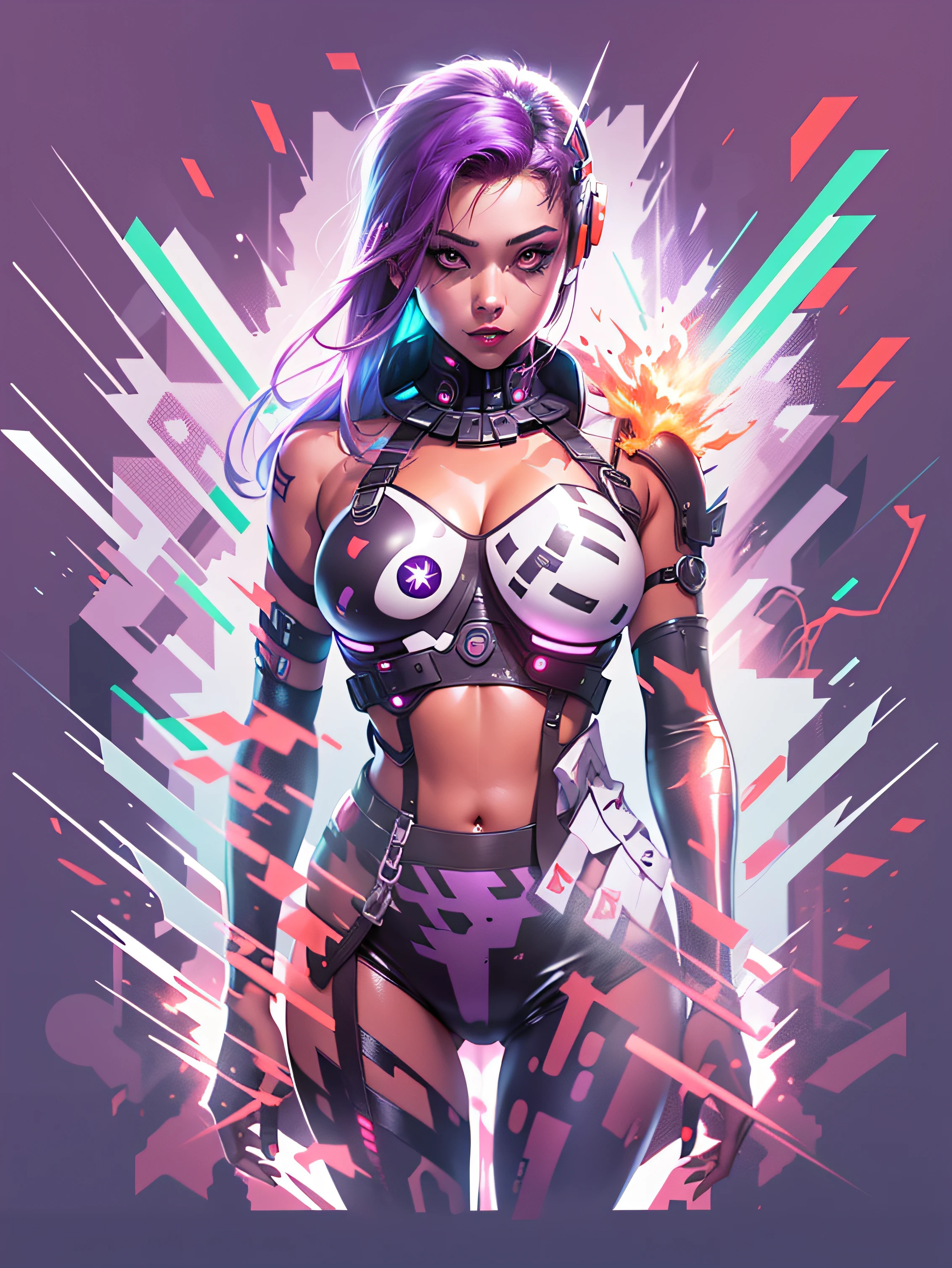 graphic design t-shirt, flat design, futuristic cyberpunk girl in mix of tones, topless,, sexy body, topless, flashing tits, big tits, metal skin, metal nipples, laser beams, purple emissive eyes, colorful tones, clean highly detailed, vector image, smoke explosion, simple background, flat white background, bright vector ((white background) )