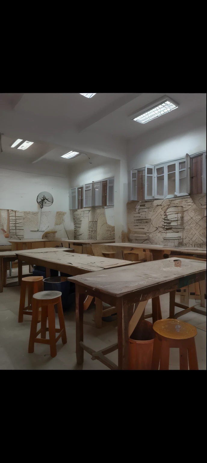 there  a room with a table and stools in it, in a workshop, atelier, white wall coloured workshop, pottery, clay, bengal school of art, ceramic, apartment of an art student, art school, clay art, classroom, single clay museum sculpture, rustic, contaning tables and walls, by Siona Shimshi, school classroom