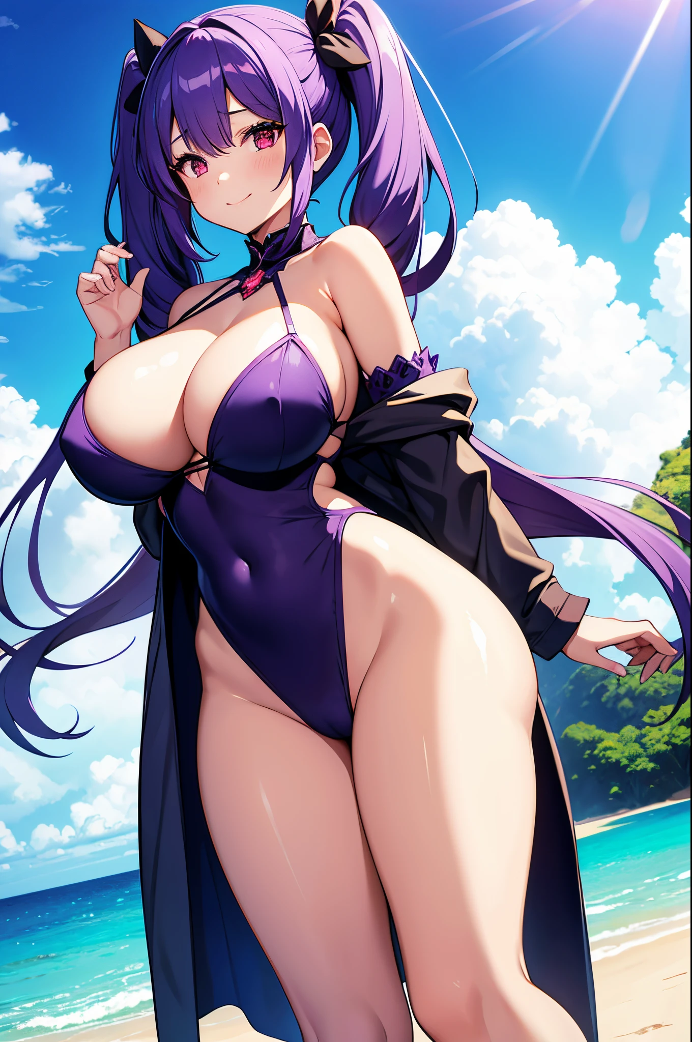 8K、Best Quality、Midsummer beach、、独奏、a beauty girl、delicated face、a smile、Long pigtails、Purple hair、red eyes、Colossal tits:1.8、big butts:5.5、big breasts thin waist、Beautiful constriction、shinny skin、beauty legs、New water、Slouched、cleavage of the breast、Medium Waist、