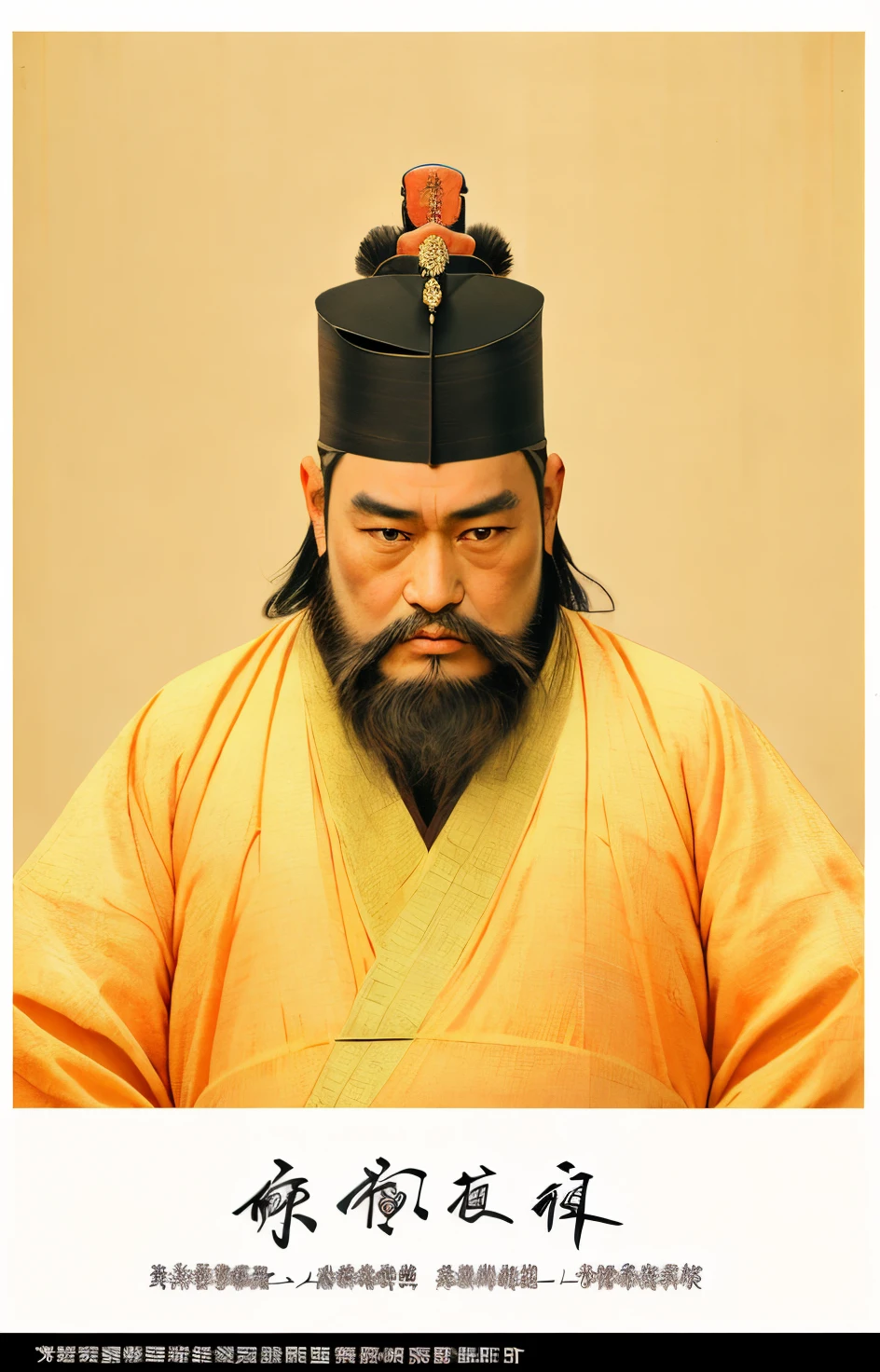 One with a beard、Portrait of Chinese man wearing hat, Emperor Xuande, royal emperor, The king, Ming dynasty, the emperor, Wearing ancient Chinese clothes, royal portrait, inspired by Wu Bin, portrait of a king, Realisticstyle，tmasterpiece，Ultra high definition quality CG，Best quality，Perfect picture，Pure portrait half-length photo，Background Black，frontal photos，Remove text from screen，the background  clean，Example 2：3, Realistic portrait of people on black background，No text or frames at the bottom