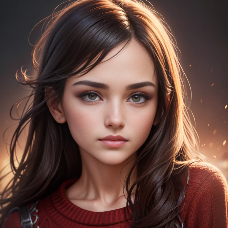 Nude nsfs, high-quality (Photorealistic style, UHD, 16k, Textured skin, Super detail, High resolution), Portrait of a beautiful woman 21 years old, profile, Woman's gaze directed to the right, ideal female face, dark hair, red sweater