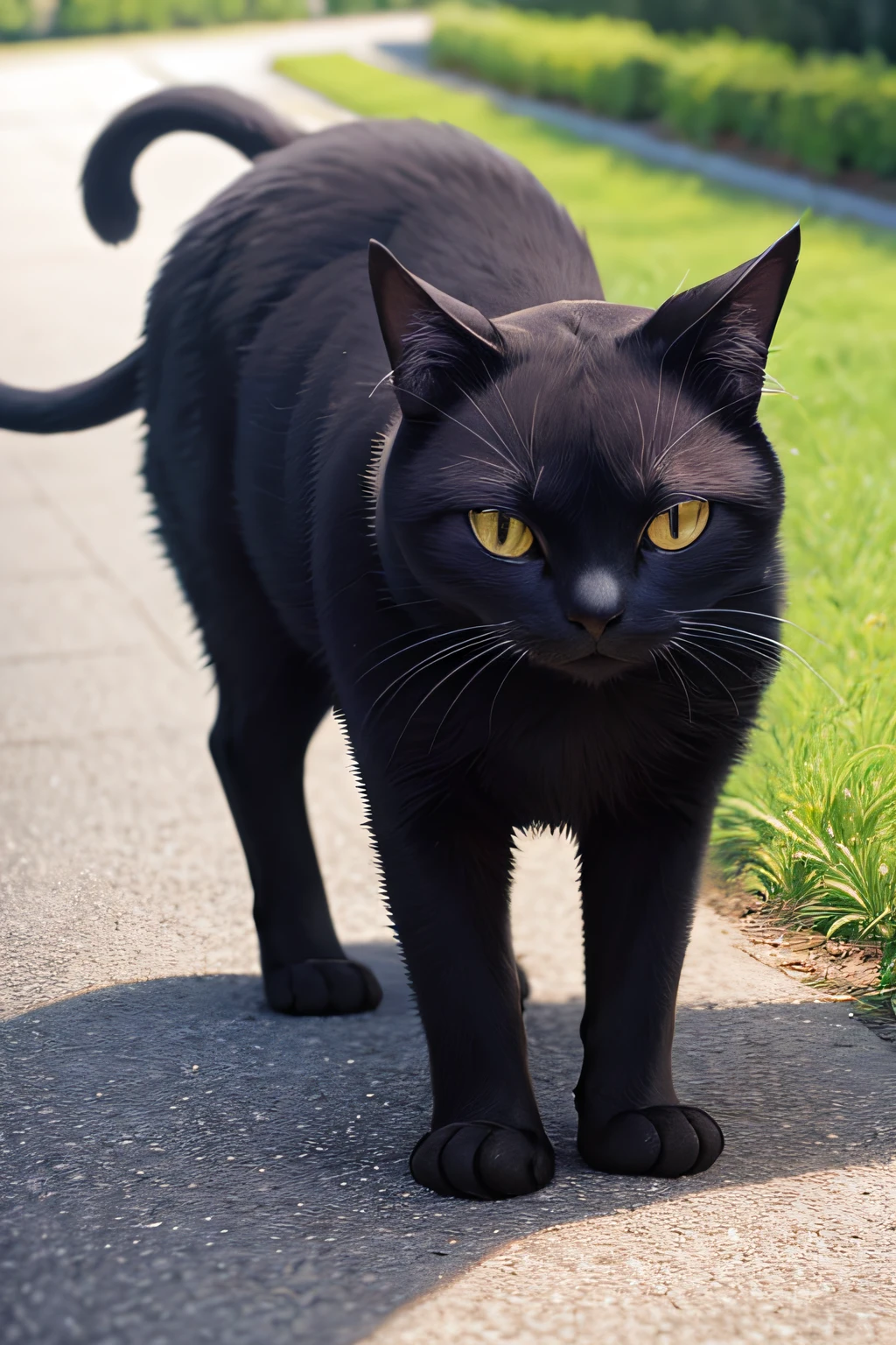 A black cat,Walk on the ground,style of photography